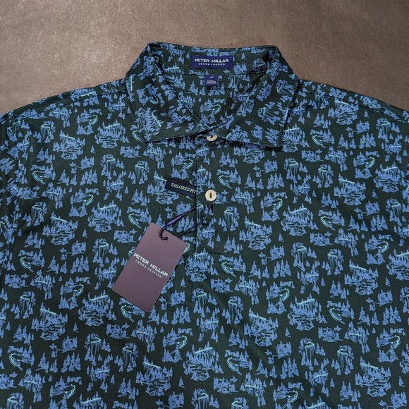 Peter Millar Golf Shirt Polo Size M Crown Crafted TG Alpine Voyage Print Green